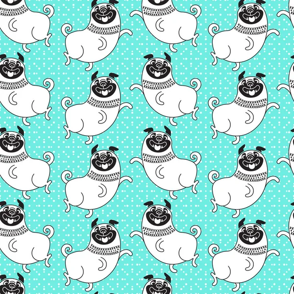 面白い pugs シームレス パターン。デザインの楽しい犬とのベクトルの背景 — ストックベクタ