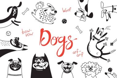 Neşeli köpekler ve mutlu kukla ile kartı. Vektör arka plan melezler, çoban köpeği, dachshund, lap-köpek ve diğerleri ile doğurmak