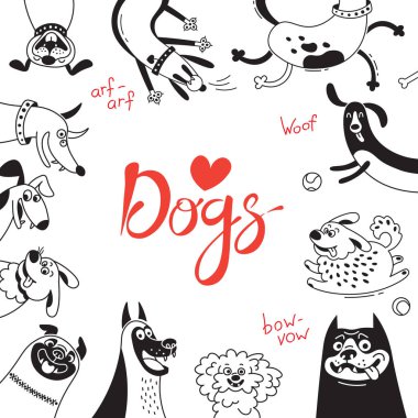 Neşeli köpekler ve mutlu kukla ile kartı. Vektör arka plan melezler, çoban köpeği, dachshund, lap-köpek ve diğerleri ile doğurmak