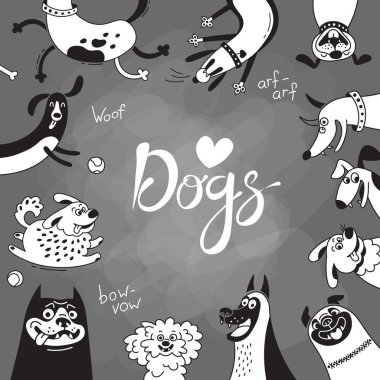 Neşeli köpekler ve mutlu kukla ile kartı. Vektör arka plan melezler, çoban köpeği, dachshund, lap-köpek ve diğerleri ile doğurmak