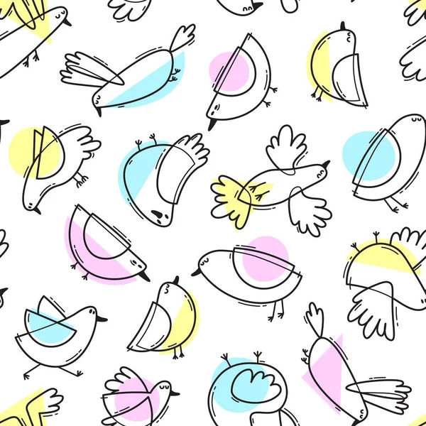 Modèle sans couture avec des oiseaux mignons abstraits. Conception de ligne simple. Des couleurs douces. Fond vectoriel — Image vectorielle