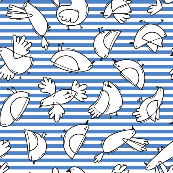 Seamless pattern with abstract birds on striped background. Simple line design. Funny seagulls in the marine style. Vector illustration — Stock Vector