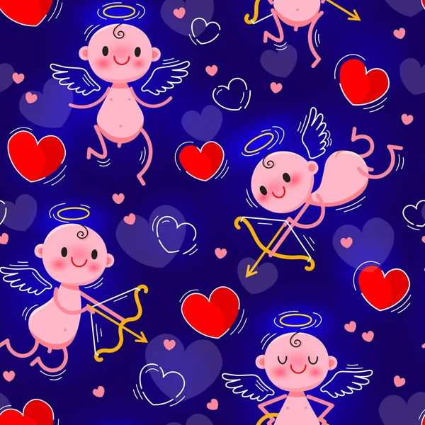 De dag van Valentijnskaarten dag naadloze textuur met mooie Cupido en harten. Vectorillustratie — Stockvector