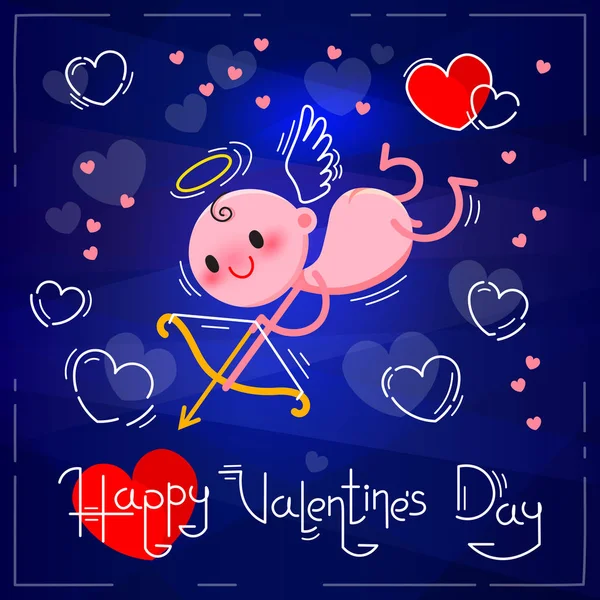 Открытка ко Дню Святого Валентина с симпатичным Купидоном и сердечками на темно-синем неоновом фоне. Векторная иллюстрация — стоковый вектор