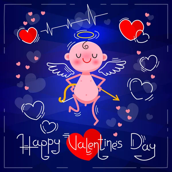 Valentinstag-Tageskarte mit niedlichem Amor und Herzen auf dunkelblauem Neon-Hintergrund. Vektorillustration — Stockvektor