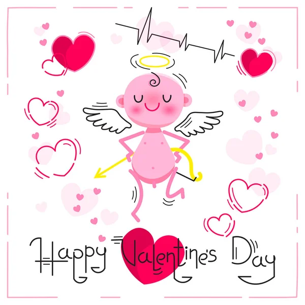 Valentijnsdag kaart met schattige Cupido en harten op een witte achtergrond. Vectorillustratie. — Stockvector