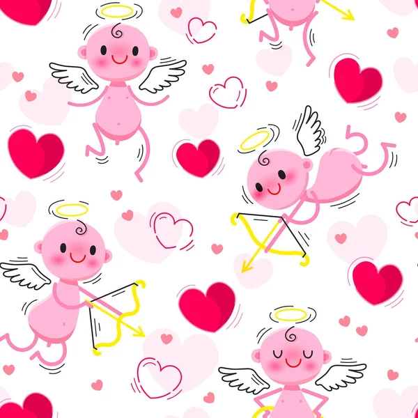 Boda y San Valentín Día textura sin costuras con cupidos y corazones encantadores. Ilustración vectorial — Archivo Imágenes Vectoriales
