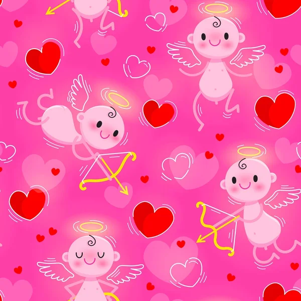 Hochzeit und Valentinstag Tag nahtlose Textur mit schönen Cupids und Herzen. Vektorillustration — Stockvektor