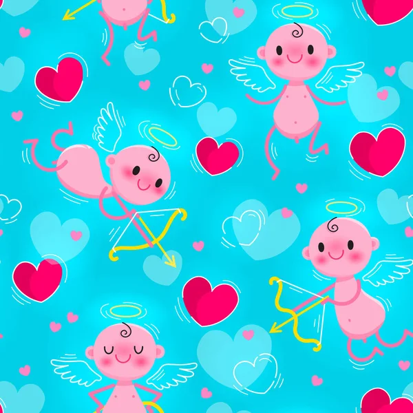 Bruiloft en de dag van Valentijnskaarten dag naadloze textuur met mooie Cupido en harten. Vectorillustratie — Stockvector