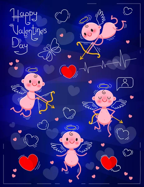 Set bruiloft en Valentijnsdag ontwerpelementen. Kleine schattige Cupido op donkere neon achtergrond. Vectorillustratie — Stockvector