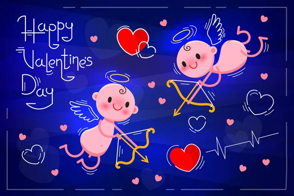 Valentines Day card with cute cupids and hearts on a dark blue neon background. Vector illustration — Stock Vector