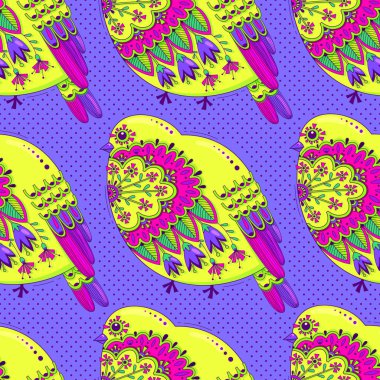 Kuşlar ve lekeli arka plan üzerinde çiçek süsleme ile parlak renkli seamless modeli. Vektör çizim