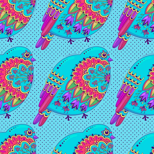 Ljusa flerfärgad sömlösa mönster med fåglar och blommor prydnad på bakgrund av prickar. Vektorillustration — Stock vektor