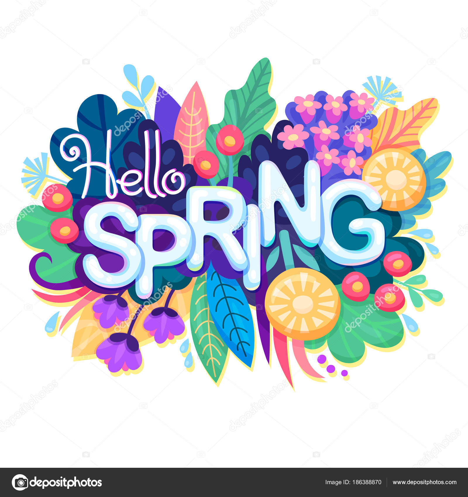 Inscription Hello Spring on background with Colorful Flowers, Leaves