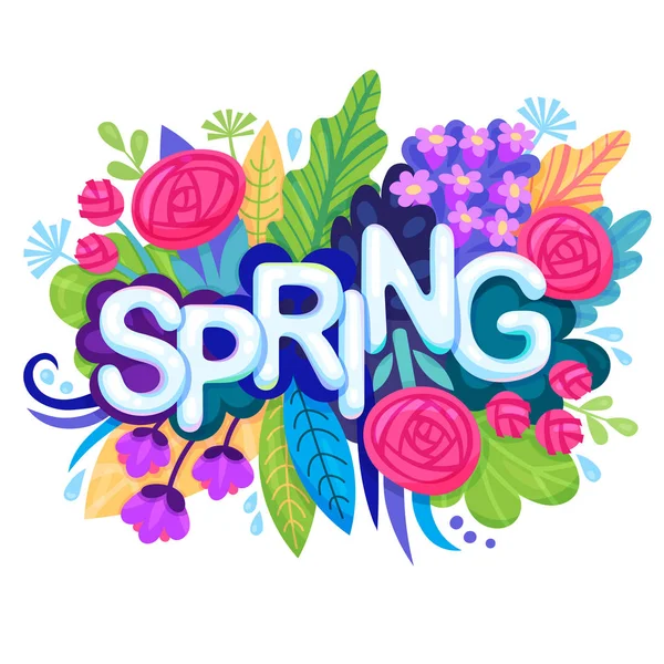 Fondo fresco de primavera con flores coloridas, hojas y hierba. Banner floral para el diseño gráfico de primavera. Ramo floreciente con una inscripción. Vector . — Vector de stock