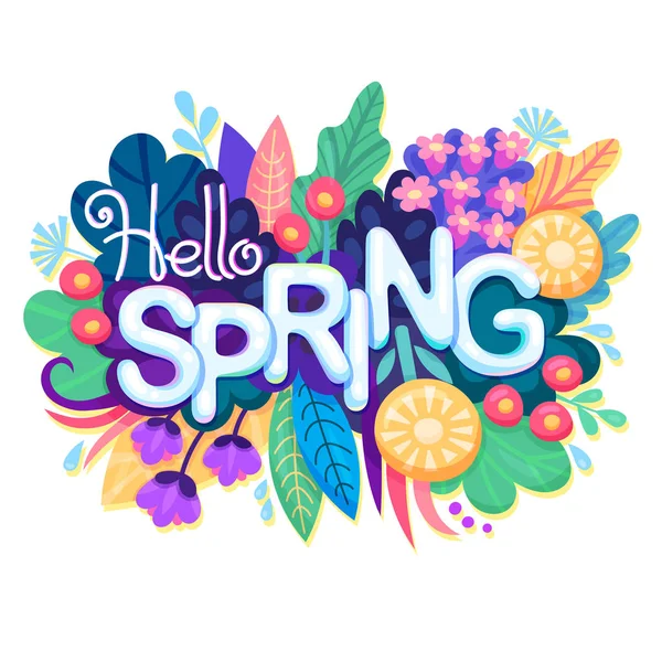 Inscripción Hola primavera sobre fondo con flores coloridas, hojas y hierba. Banner floral para el diseño gráfico de primavera. Ramo floreciente. Vector . — Vector de stock