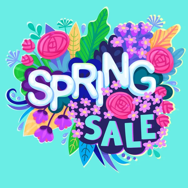 Spring Sale Design com flores coloridas, flores coloridas, folhas e grama no fundo para a promoção sazonal da primavera. Ilustração vetorial — Vetor de Stock