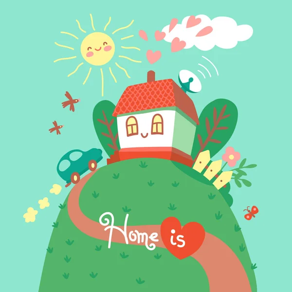 Thuis is waar je hart is. kaart met schattige huis en auto. vectorillustratie — Stockvector