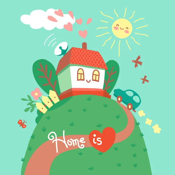 Дом там, где твое сердце. Карточка с симпатичным домом и машиной. Векторная иллюстрация — стоковый вектор