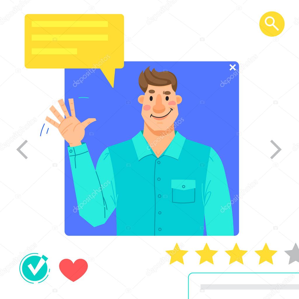 Portrait of Man - graphic avatars for social networking or dating site. The guy waves his hand in greeting. Vector illustration