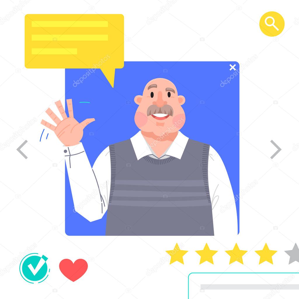 Portrait of Man - graphic avatars for social networking or dating site. The grandfather waves his hand in greeting. Vector illustration