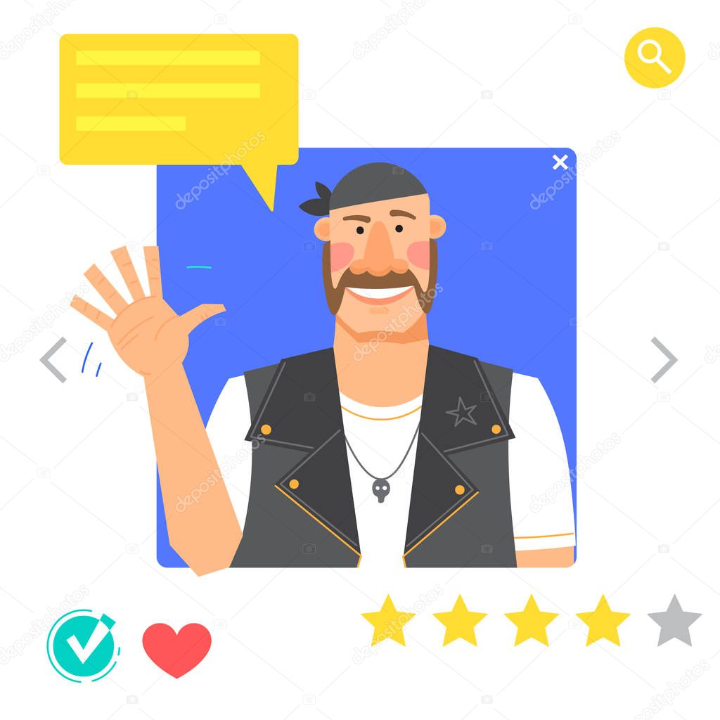 Portrait of Man - graphic avatars for social networking or dating site. The male biker waves his hand in greeting. Vector illustration