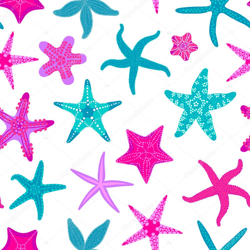 Sea stars seamless pattern. Marine and nautical backgrounds with starfishes. Starfish underwater invertebrate animal. Vector illustration