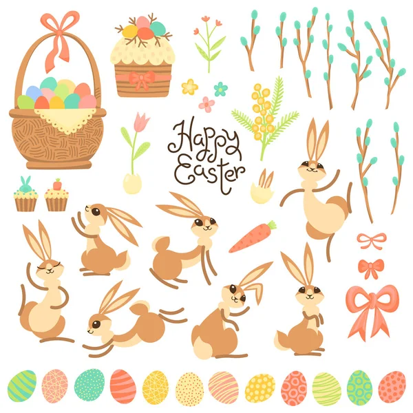 Набір елементів дизайну і символи для щасливого Великдень. Милі кролики Великодня, пофарбовані яйця, гілочки верби, торти, пиріг і квіти. Векторні ілюстрації — стоковий вектор