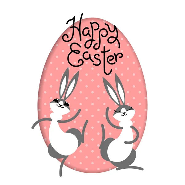 Buona Pasqua. lepre coniglio coniglio all'interno finestra cornice uovo dipinto. Carino il personaggio dei cartoni animati. Biglietto d'auguri per bambini. Sfondo rosa. Illustrazione vettoriale — Vettoriale Stock