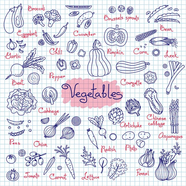 Встановити креслення овочів для меню дизайну, рецепти та упаковки продукту — стоковий вектор
