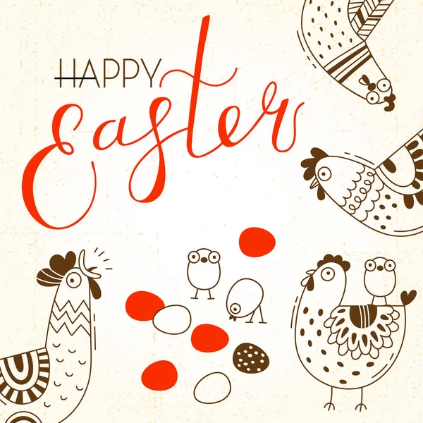 Pollos y gallos divertidos, huevos. Tarjeta de felicitación con la escritura Feliz Pascua. Ilustración vectorial — Archivo Imágenes Vectoriales