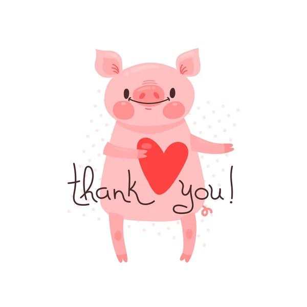 Illustration with joyful piggy who says - thank you. For design of funny avatars, posters and cards. Cute animal in vector — Stock Vector