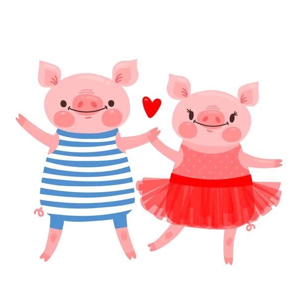 Un par de lechones dulces. Diseño de carácter cerdo en falda de ballet y un cerdo en el chaleco. Ilustración vectorial — Vector de stock