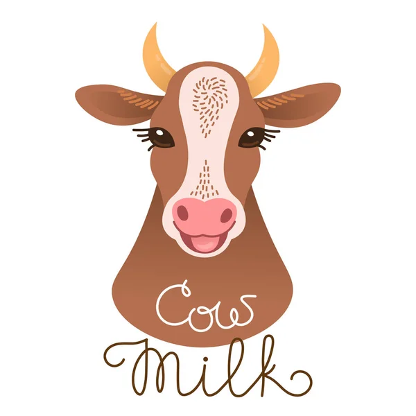 Симпатичный портрет коровы. Надпись коровьего молока. Персонаж теленка в мультяшном стиле . — стоковый вектор