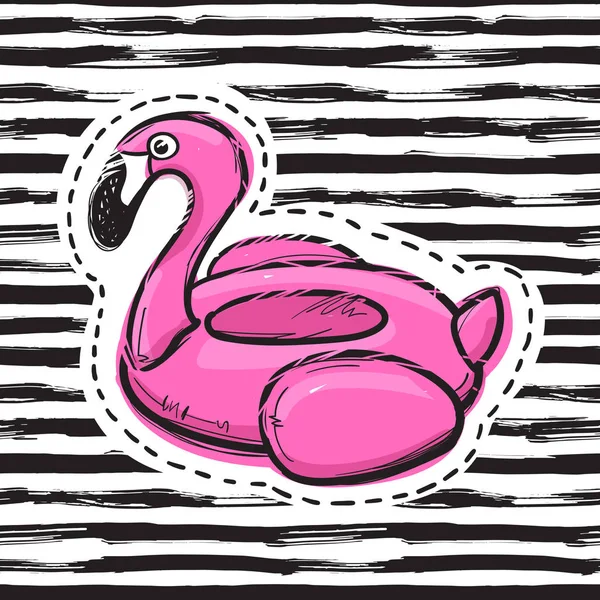 Flamingo-Schwimmring. Schwimmbecken. aufblasbarer rosa Flamingo. Schwimmkreis. Sommerdruck, Aufkleber, Abzeichen, Modeaufnäher auf Stoff. Vektorillustration — Stockvektor