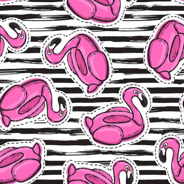 Seamless mönster med uppblåsbara rosa flamingo. Simma ring. Sommar mode patch, badge, klistermärke, print på tyg. Vektorillustration — Stock vektor