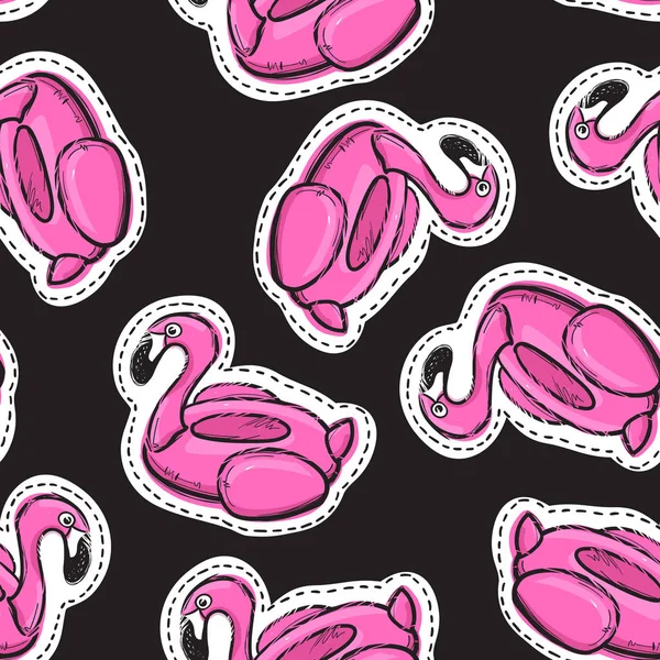 Seamless mönster med uppblåsbara rosa flamingo. Simma ring. Sommar mode patch, badge, klistermärke, print på tyg. Vektorillustration — Stock vektor