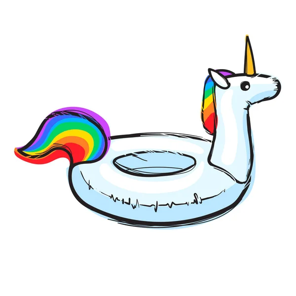 Arco-íris Unicorn anel de natação. Piscina flutuante. Unicórnio branco inflável. Círculo de natação. Bóia da vida. Borracha ou anel inflável. Ilustração vetorial — Vetor de Stock