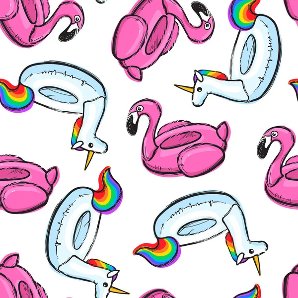 Şişme pembe flamingo ile Seamless modeli. Yüzük yüzme. Yazdır, etiket, rozet, moda yama kumaş üzerine yaz. Vektör çizim — Stok Vektör