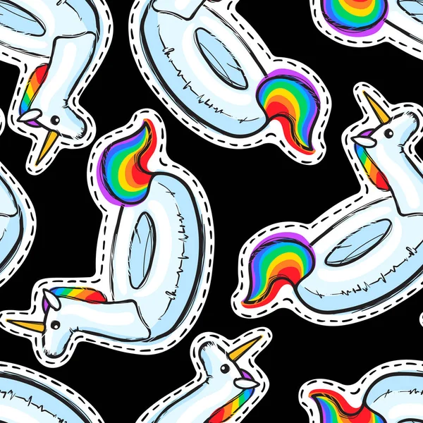 Naadloze patroon met de opblaasbare Rainbow Eenhoorn. Zwemmen ring. Zomer print, sticker, badge, patch mode op stof. Vectorillustratie — Stockvector