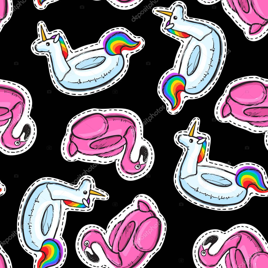 Seamless pattern with inflatable pink flamingo. Swim ring. Summer print, sticker, badge, fashion patch on fabric. Vector illustration