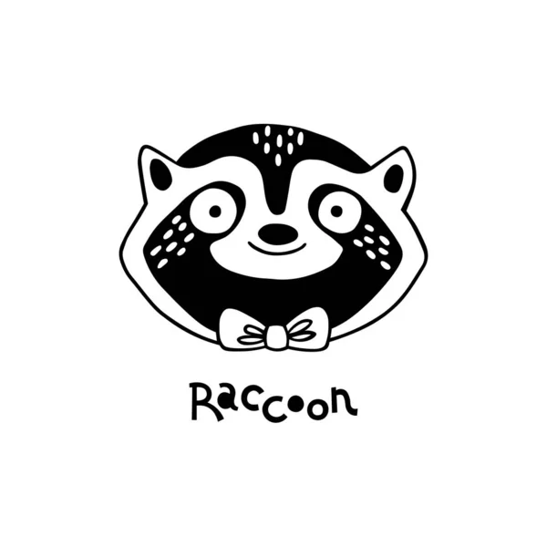 Isolated vector illustration. Stylized raccoon face. Hand drawn linear sketch. Doodle style. Black silhouette on white background