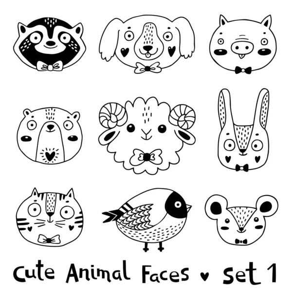 Avatars funny animal faces Raccoon Dog Pig Bear Ram Hare Rabbit Cat Bird Mouse Rat. Vector illustration — 스톡 벡터