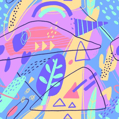 Soyut, pürüzsüz desen. Soyut figürler, çizgiler ve çiçek elementleriyle modern arkaplan.