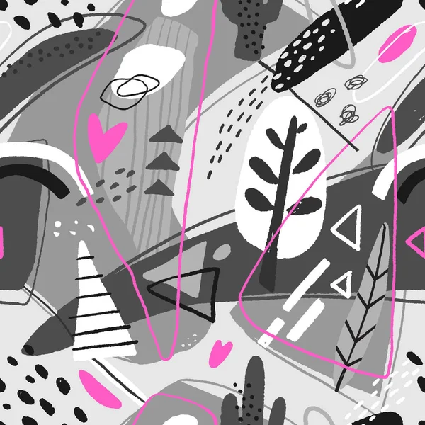 Abstracte naadloze patroon. Moderne achtergrond met abstracte figuren, strepen en bloemelementen. — Stockvector