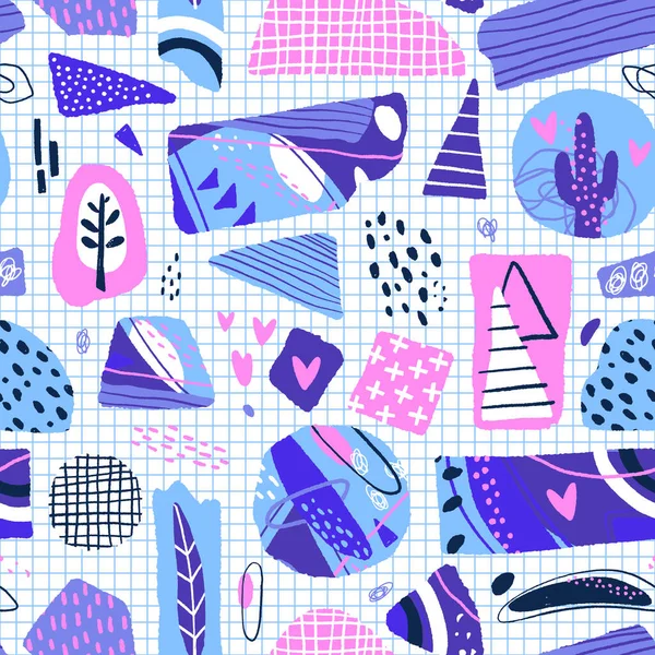 Abstraktes nahtloses Muster. Moderner Hintergrund mit abstrakten Figuren, Streifen und floralen Elementen. Vektorillustration — Stockvektor