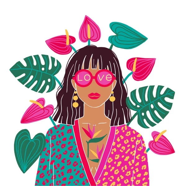 Portret van een brunette in de jungle. Modeprint. Vectorillustratie — Stockvector