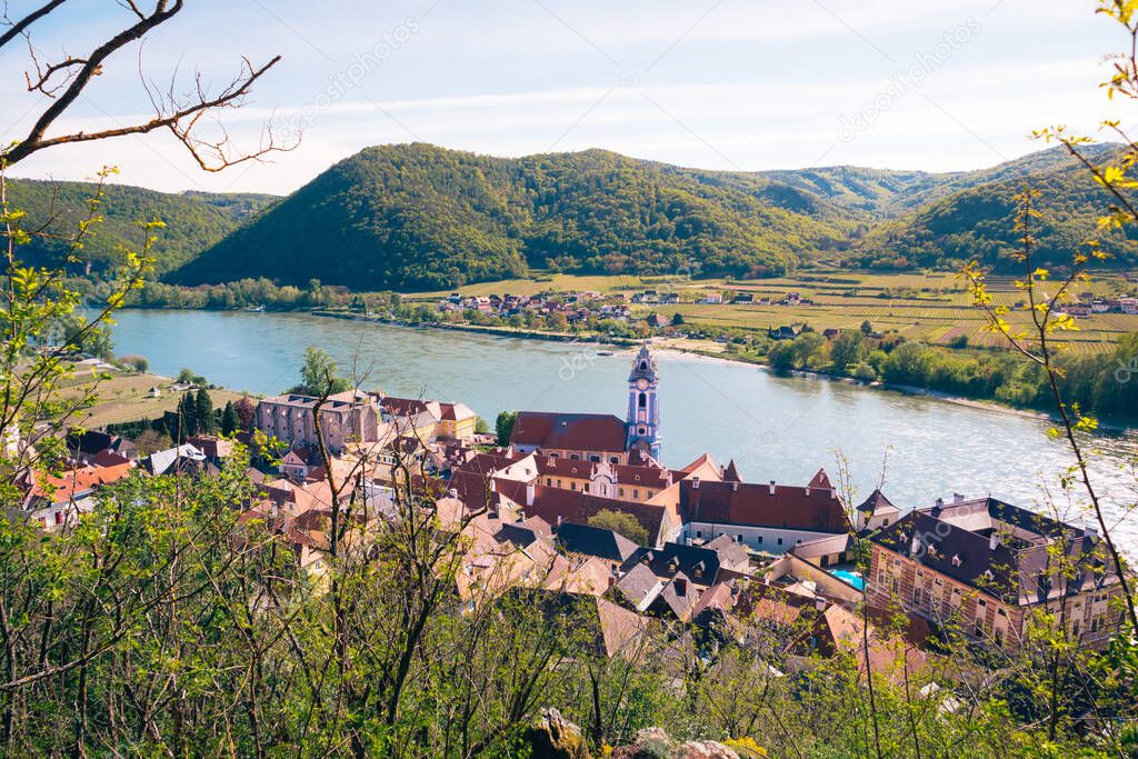 Durnstein Town in the Wachau Valley with Blue and White Tower of the Abbey Church and River Danube from Above