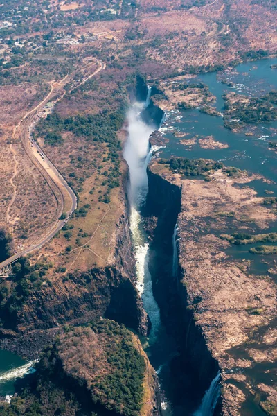Spectacular Aerial Victoria Falls Waterfall Bridge Zambezi Zimbabwe Africa Portrait — Stock Photo, Image