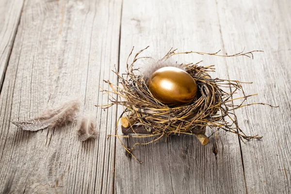 Golden egg in nest on dark vintage wooden background — Stock Photo, Image